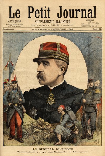 Portret generała Jacquesa Charlesa Duchesne (1837-1918), dowódcy sił zbrojnych wysłanych na Madagaskar w 1894 roku, zajął Tananarive. Grawerowanie w „Le petit journal”” 12.03.1894. Kolekcja Selvy. autorstwa Unknown artist