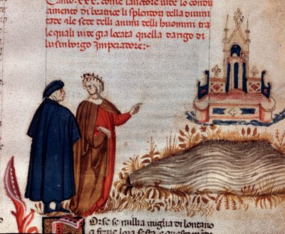 Portret włoskiego poety Dante Alighieri z Wergiliuszem patrzącym na tron Henryka VII (pieśń 20 z Raju, w Boskiej Komedii) - Miniatura autorstwa Unknown artist
