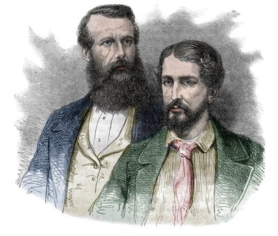 Portret Johna Hanninga Speke, brytyjskiego odkrywcy i Jamesa Augustusa Granta, brytyjskiego żołnierza i odkrywcy. Wspólnie badali źródła Nilu - rycina z „Malowniczej historii wielkich podróży w XIX wieku”. 1877 autorstwa Unknown artist