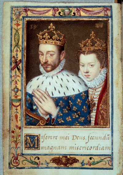 Portret króla Karola IX (1550-1574) i Elżbiety Austrii (1554-1592) Królowej Francji Rękopis strony „Księgi Godzin Katarzyny Medycejskiej” (Caterina de Medici) XVI-wieczny Paryż, B.N. autorstwa Unknown artist