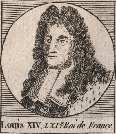 Portret Ludwika XIV (1638-1715), czyli Ludwika Wielkiego lub króla Solei, króla Francji - Ludwika XIV, znanego jako Ludwik Wielki lub Król Słońce - rycina z „Instruction sur l