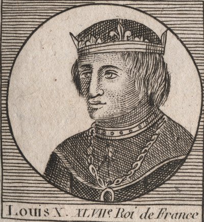 Portret Ludwika X le Hutina (1289 - 1316), króla Francji - Ludwika X (1289-1316) Upartego, króla Francji i Nawarry - rycina z „Instruction sur l’Histoire de France” Charlesa Constanta Le Tellier 1821 autorstwa Unknown artist