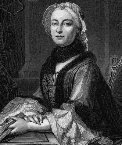 Portret Madame Geoffrin, z domu Marie Therese (Marie-Therese) Rodet (1699-1777) - Grawerowanie z 1862 r. w „Królowych świata” naszych pierwszych pisarzy, Książka wydana pod kierunkiem Jean Germain Desire Armandaud autorstwa Unknown artist