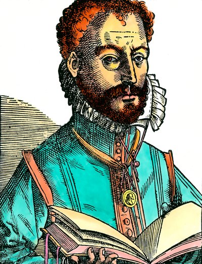 Portret Orlandusa Lassusa (1531-1594) muzyka szkoły francusko-belgijskiej trzymającego otwartą księgę (białe strony). Rycina z XVI wieku. Dz. Daj spokój. autorstwa Unknown artist