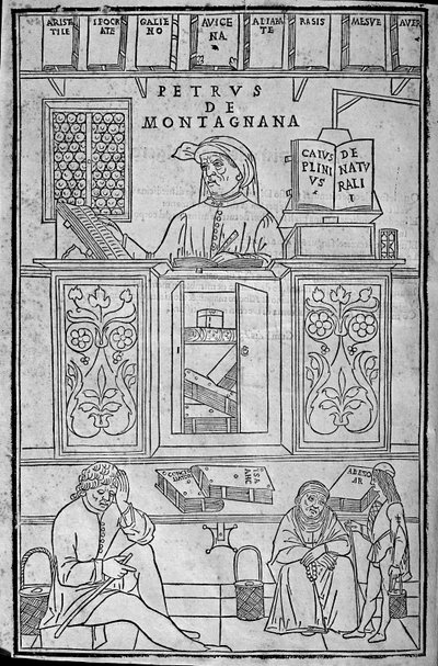 Portret Pietro da Montagnana, nauczyciela medycyny z Padwy, otoczony greckimi i arabskimi książkami medycznymi, oraz trzech pacjentów czekających na badanie moczu. autorstwa Unknown artist