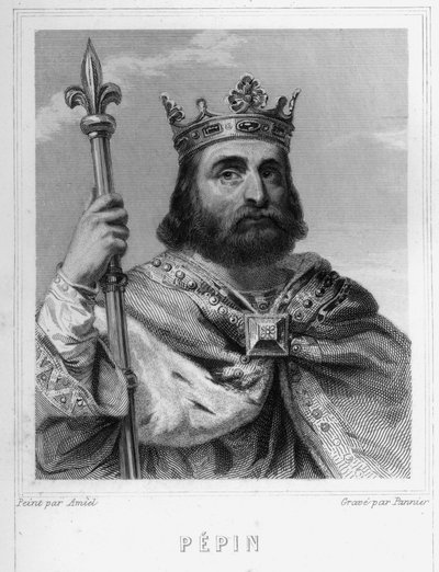 Portret Pépina le Brief (w. 714 - 768), króla franków, pierwszego z Karolingów - w „Histoire des Français” Lavallée, rycina, sd. autorstwa Unknown artist