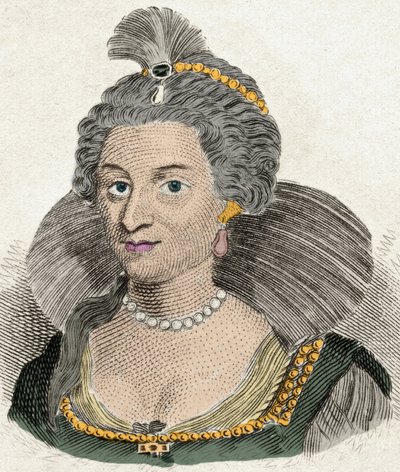 Portret królowej Anny Danii Królowej Anglii (1574-1619), żony króla Anglii Jakuba I (1566-1625). Rycina XIX wieku autorstwa Unknown artist