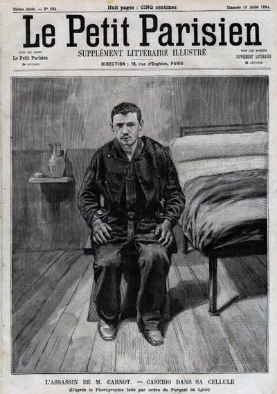 Portret Sante Caserio (1873-1894) Włoski anarchista, zabójca Sadi Carnota w więzieniu. Grawerowanie w „”Le Parisien”” autorstwa Unknown artist