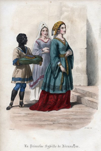 Portret Sybilli Jerozolimskiej (Jerusalem Sibylle) (ok. 1160-1190), księżniczki ówczesnej królowej Jerozolimy. Rycina z 1842 roku w „Histoire des Popes” Maurice