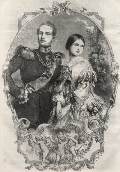 Portret Ich Królewskich Wysokości, księżniczki Wiktorii (1840-1901) (królowej Wiktorii) i księcia pruskiego Fryderyka Wilhelma (1831-1888). Grawerunek z 1858 roku. autorstwa Unknown artist