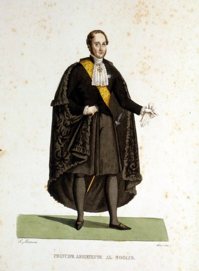 Portret pomocnika księcia Stolicy Apostolskiej, który służył podczas ceremonii i wizyt. Rycina XIX wieku. autorstwa Unknown artist
