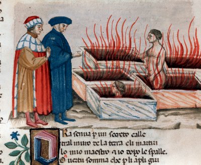 Portret włoskiego poety Dante Alighieri z Wergiliuszem wśród heretyków jako Farinata degli Uberti (pieśń 10 z piekła, w Boskiej Komedii) - miniatura XV w. autorstwa Unknown artist
