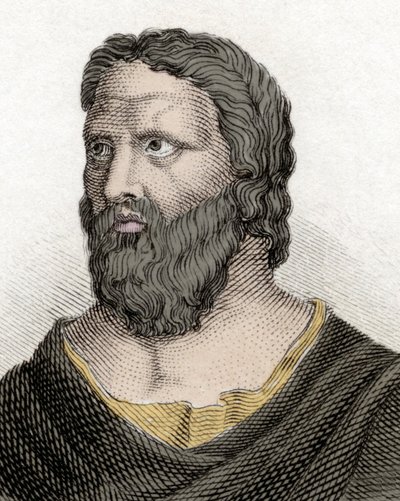 Portret greckiego filozofa Heraklita z Efezu (576-480 pne) (Heraklita z Efezu). Rycina XIX wieku. autorstwa Unknown artist