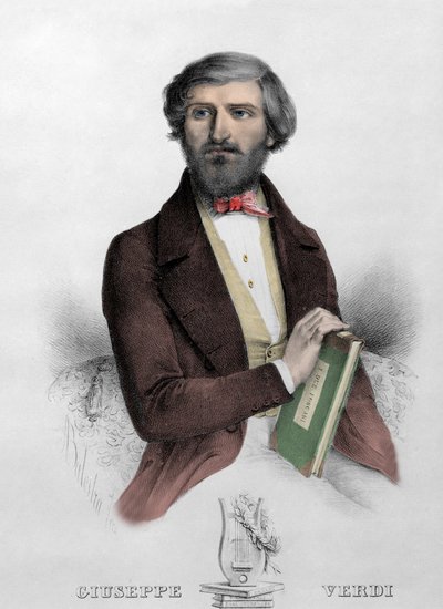 Portret włoskiego kompozytora Giuseppe Verdiego (1813 - 1901) z partyturą do „”i Due Foscari”” Rycina z 1844 roku. autorstwa Unknown artist
