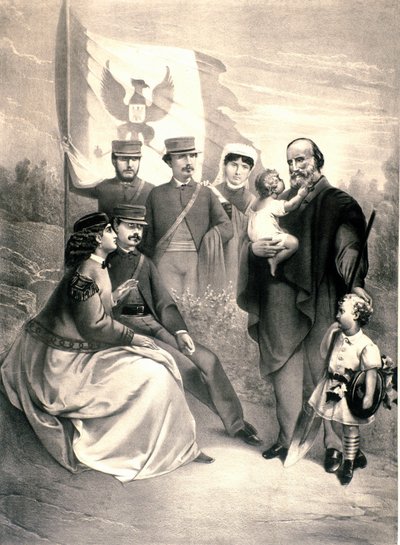Portret włoskiego patrioty i bohatera Risorgimento Giuseppe Garibaldi (1807-1882) otacza jego dzieci Menottiego, stojącego Ricciottiego i Teresitę, Francescę Armosino oraz małego Manlio i Clelię. Ilustracja około 1870 r. Kolekcja prywatna autorstwa Unknown artist