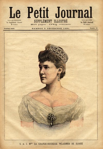 Portret wielkiej księżnej Włodzimierza Rosji, urodzonej w 1854 r. księżniczki Marii Meklemburgii-Schwerin (Meklemburgia Schwerin) i wyszła za mąż w 1874 r. za młodszego brata cara, wielkiego księcia Władimira Aleksandrowicza Romanowa (1847-1909). Grawerowa autorstwa Unknown artist