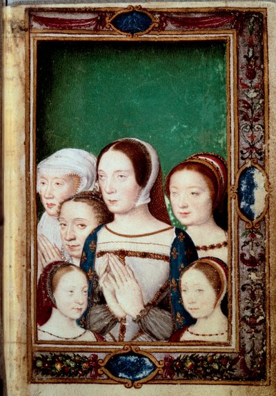 Portrety córek Franciszka I i jego dwóch żon. Dziewczęta: Ludwika (1515-1517). Charlotte (1516-1524), Madeleine (1520-1537), Małgorzata (1523-1574). Claude of France (1499-1524) i Eleonore Habsburg (1498-1558). Miniatura w „Księdze Ho .” autorstwa Unknown artist