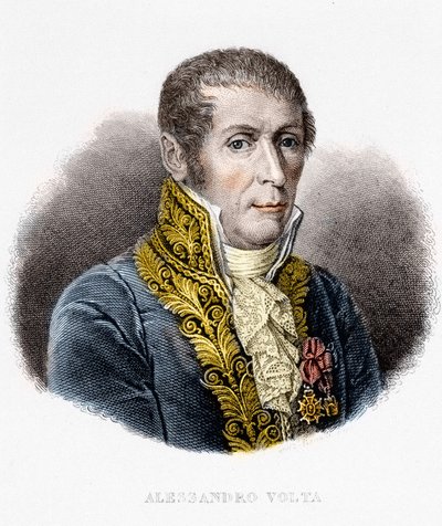 Portret de Alessandro (Alexandre) Volta (1745 - 1827). Włoski fizyk, wynalazca baterii elektrycznej. Grawerowanie z XIX wieku autorstwa Unknown artist