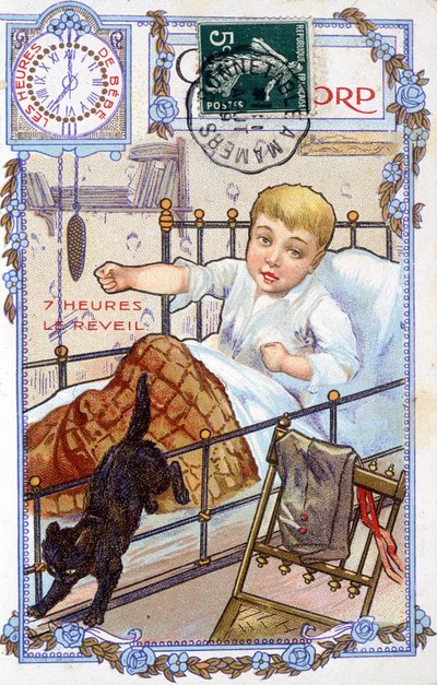 Pocztówka przedstawiająca przebieg dnia dziecka. O godzinie 7 dziecko budzi się. autorstwa Unknown artist