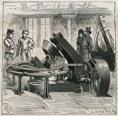 Ceramika: Maszyna Fleury używana do mechanicznego formowania cegieł. Grawer z 1885 roku w „Les arts et metiers illustres” Adolphe BITARD. autorstwa Unknown artist