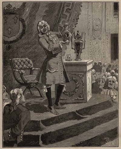 Ceramika: Pierre Joseph Macquer (1718-1784) prezentujący w Akademii pierwszą twardą porcelanę wykonaną we Francji przez fabrykę Sevres w 1769 r. Grawer z 1885 r. w „Les arts et metiers illustres” Adolphe BITARD. autorstwa Unknown artist