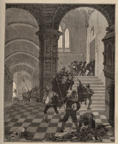 Garncarstwo: zniszczenie fabryki „Henri II” podczas plądrowania zamku Oiron (Deux Sevres) w 1568 roku podczas Ligi. Grawer z 1885 roku w „Les arts et metiers illustres” Adolphe BITARD. autorstwa Unknown artist
