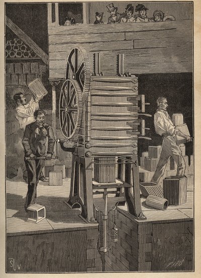 Ceramika: formowanie mechaniczne pustych części. Grawer z 1885 roku w „Les arts et metiers illustres” Adolphe BITARD. autorstwa Unknown artist