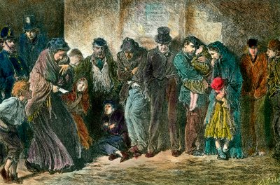 Ubóstwo w Londynie pod drzwiami schroniska Ubogie i głodne rodziny ustawiają się w kolejce przed domem. Grawer z 1869 r. Kolekcja prywatna autorstwa Unknown artist