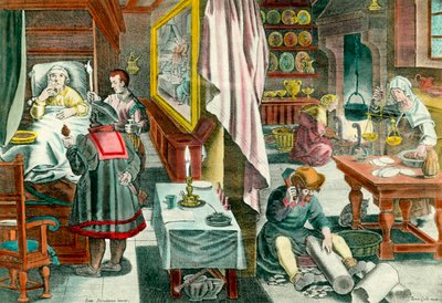 Przygotowanie i podawanie leków przeciw kile wenerycznej na bazie guano”” Rycina z XVII wieku. Paryż. Akademia Medyczna autorstwa Unknown artist