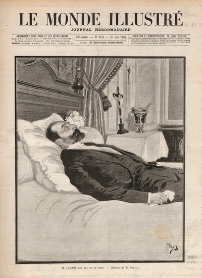 Prezydent republiki Sadi Carnot (1837-1894) na łożu śmierci, w kontekście agitacji związkowej i anarchistycznej, został zamordowany 24 czerwca na wystawie w Lyonie przez Sante Caserio (1873-1894) i później. Grawerowanie w „Le monde illustrious” f autorstwa Unknown artist