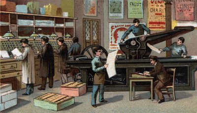 Druk we Francji w XIX wieku. Chromolitografia z końca XIX wieku autorstwa Unknown artist