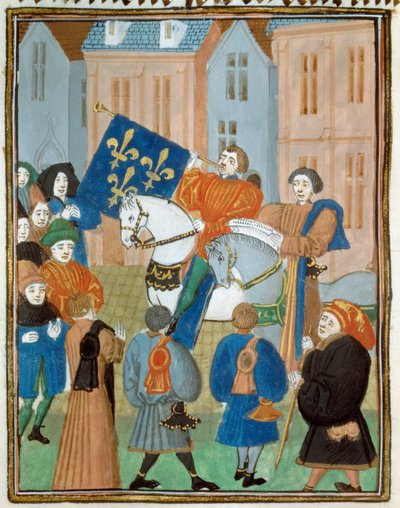 Ogłoszenie pokoju w Reims w dniu 2 października 1435 po podpisaniu traktatu z Arras między królem Karolem VII a księciem Burgundii Filipem III Dobrego kończącego wojnę domową między Armagnacs a Burgundami. Miniatura z „”Królów i królowej autorstwa Unknown artist