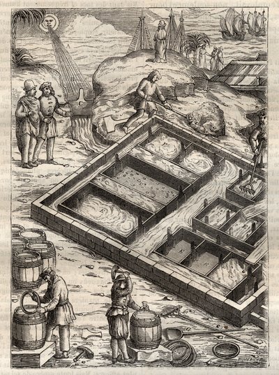 Produkcja soli poprzez odparowanie wody morskiej w panwiach solnych. Z „”De re metallica”” Georgiusa Agricoli (Georg Bauer). (Bazylea 1556) - Produkcja soli: woda morska wlana do dużych misek odparowuje i pozostawia zapas soli. Grawer z „”De re metallica”” autorstwa Unknown artist
