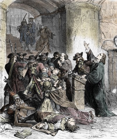 Zakaz kazań i aresztowania protestantów po odwołaniu Edit de Nantes (dragonnades za Ludwika XIV (1681-1686): katoliccy żołnierze (smoki) masakrują protestantów. XIX wiek (rycina) autorstwa Unknown artist
