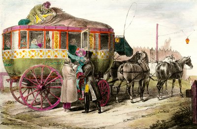 Transport publiczny: pasażerowie wchodzący do Parisienne Diligence. Rycina XIX-wiecznej kolekcji prywatnej autorstwa Unknown artist