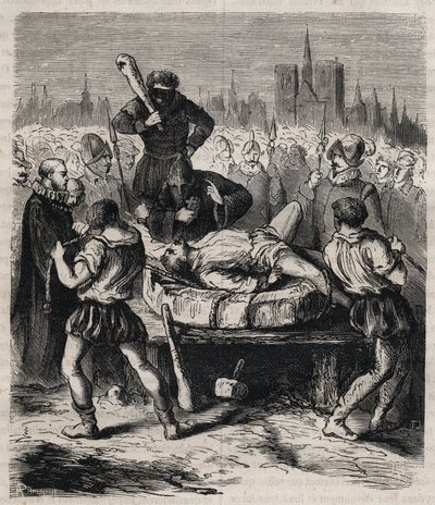 Ukaranie Francois Ravaillaca (1578-1610) zabójcy króla Henryka IV (1553-1610) na Place de Greve w Paryżu w 1610 r. - Rycina z 1879 r. w „Historii tajnych, politycznych i religijnych stowarzyszeń” Pierre