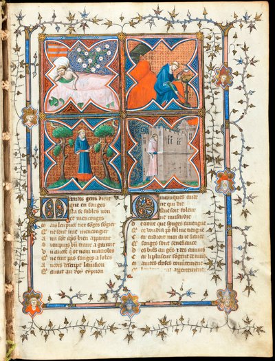 „Czterej mężczyźni zajęci różnymi czynnościami”” podświetlona strona z rękopisu „Le Roman de la Rose” autorstwa Guillaume de Lorris (około 1200-1238) i Jeana de Meun (Meung) (1240-1305) około 1353 Szwajcaria, Biblioteka Genewska autorstwa Unknown artist