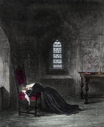Królowa Jeanne Grey jest więźniem Tower of London. Lady Jane Grey (1537-1554), siostrzenica króla Henryka VIII, była królową Anglii przez 9 dni. Jej kuzynka Mary (Mary Tudor) domagająca się tronu zostanie uwięziona i stracona za zdradę stanu. Rytownictwo autorstwa Unknown artist