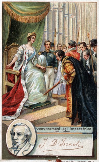 Królowa Anglii Wiktoria koronowała Cesarstwo Indii w 1877 r. przy wsparciu Benjamina Disraeli (1804-1881) brytyjskiego pisarza i polityka. Chromolitografia XIX wieku. autorstwa Unknown artist