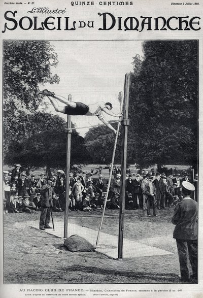 Klub wyścigowy Francji. Sheldon, mistrz Francji, skacze 2, 95 m, aby skoczyć a la Perche. Grawerowanie w „”Le sun-du-dimanche”, 2 lipca autorstwa Unknown artist