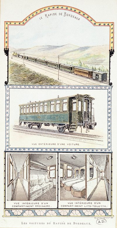 Koleje Orleanu: zewnętrzne i wewnętrzne widoki samochodów Bordeaux Rapid autorstwa Unknown artist