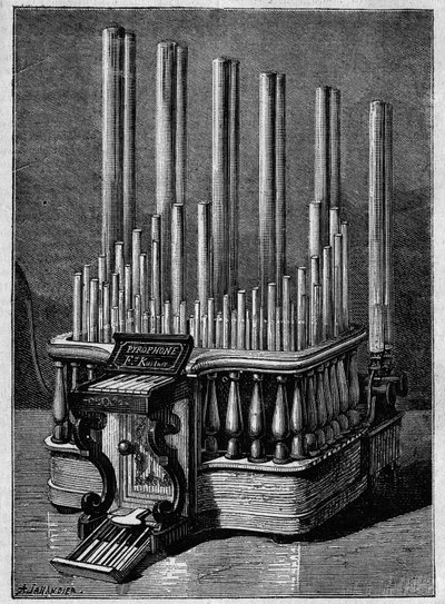 Rzadkie lub wyimaginowane instrumenty: Pyrophone lub „śpiewające płomienie” Frederica Kastnera (instrument generujący płomienie napędzane strumieniami gazu). autorstwa Unknown artist