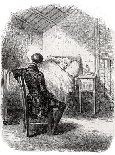 Rastignac pozostał sam w pobliżu starca, siedząc w nogach łóżka... Rycina połowa XIX wieku. Ilustracja do „Ojca Goriota” Honore de Balzac (1799-1850). autorstwa Unknown artist