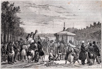 Odczytanie orzeczeń opublikowanych w gazecie Moniteur w ogrodach Pałacu Królewskiego w Paryżu 26 lipca 1830 w czasie wojny domowej - Rewolucja 1830 - autorstwa Unknown