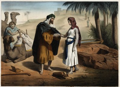 Rebeka i Eliezer do studni: Eliezer z Damaszku, oskarżony o znalezienie żony dla Izaaka w Mezopotamii, sprowadza Rebekę z powrotem. Anonimowy rycina z XIX wieku. autorstwa Unknown artist