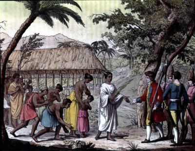 Pokwitowanie nawigatora Samuela Wallisa przez królową Oberea na Tahiti. „”Nawigacje Cooka”, Mediolan autorstwa Unknown artist