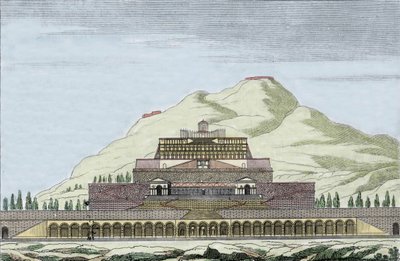 Rekonstrukcja świątyni Fortuny (rzymskiego bóstwa przypadku) w Palestrinie we Włoszech. Rycina XIX wieku autorstwa Unknown artist