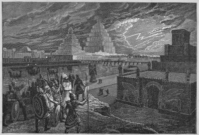 Rekonstrukcja świątyń i pałaców wzdłuż rzeki Babilon - Mezopotamia: rekonstrukcja miasta Babilon, zbudowanego za panowania króla Nabuchodonozora II. autorstwa Unknown artist