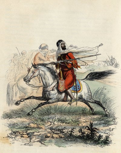 Czerwoni jeźdźcy emira Abd-el-Kadera uciekli przez myśliwych na koniach armii francuskiej w Oranie w 1841 roku, w „L