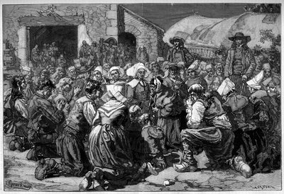 Obyczaj regionalny Francji, małżeństwo bretońskie: żebrackie modlitwy za małżonków. Grawerowanie w „”Le Monde Illustré”” autorstwa Unknown artist